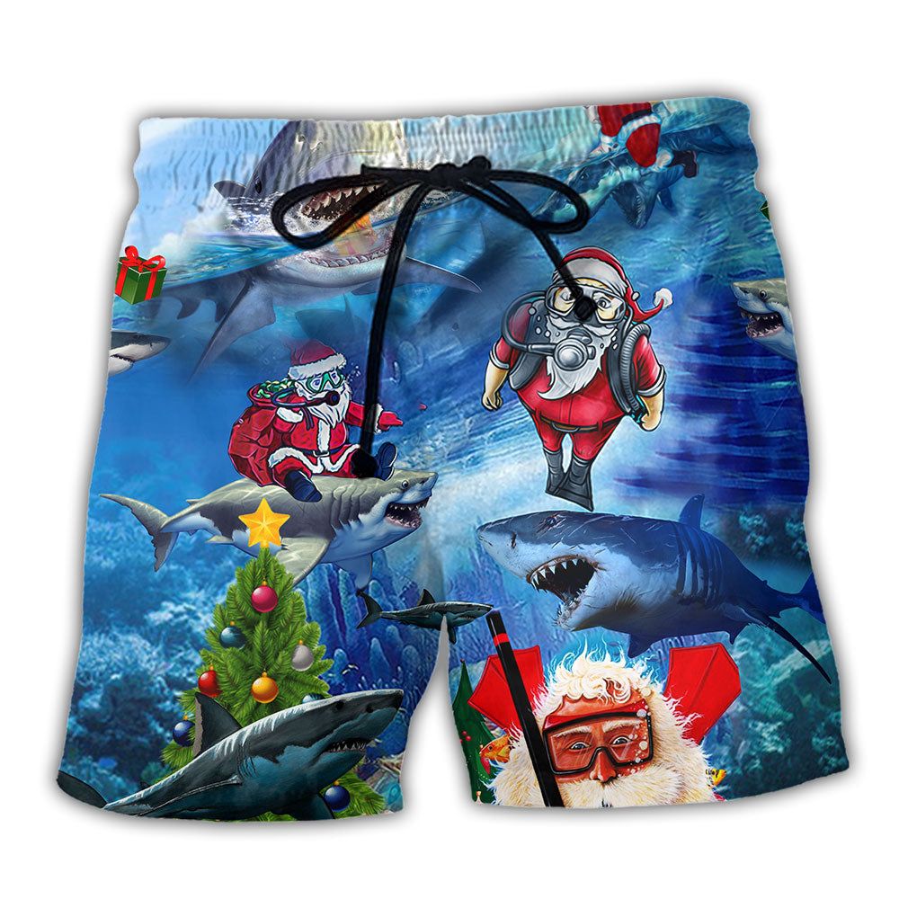 Shark Love Santa America Merry Christmas Trendy Aloha Hawaiian Beach Shorts