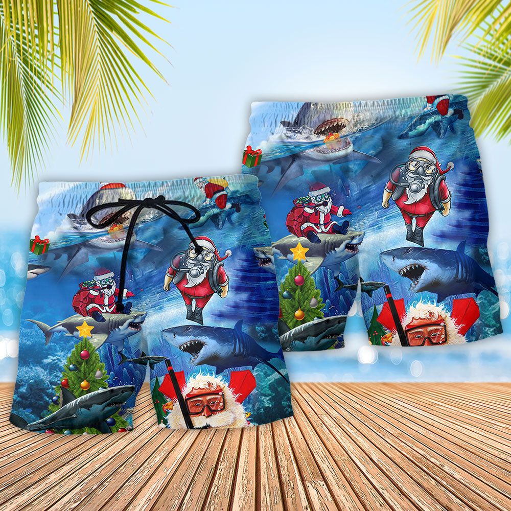 Shark Love Santa America Merry Christmas Trendy Aloha Hawaiian Beach Shorts