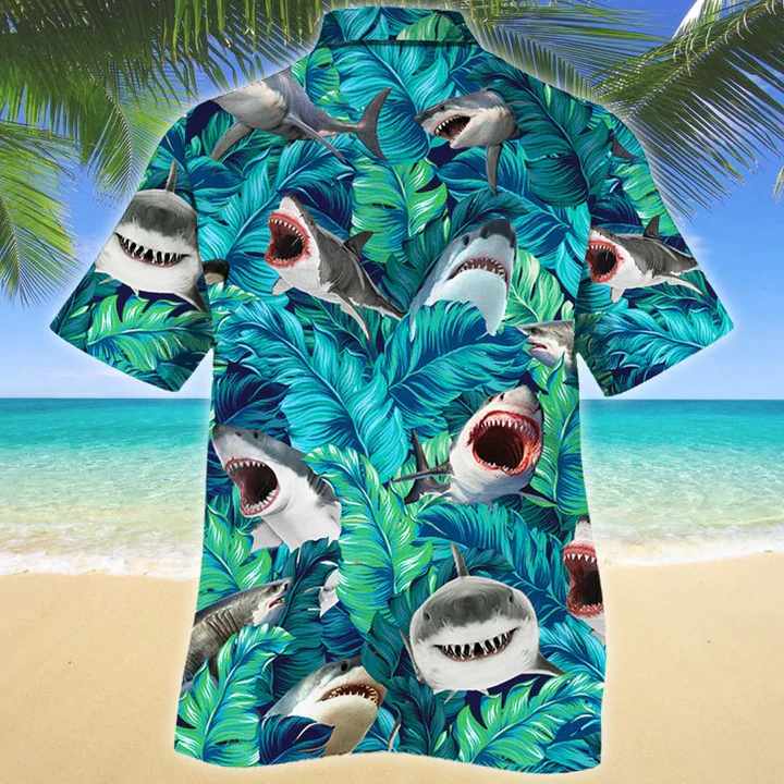Shark Lovers Gift Trendy Hawaiian Shirt, Shark Aloha Shirt, Summer Short Sleeve Hawaiian Aloha Shirt For Men, Women
