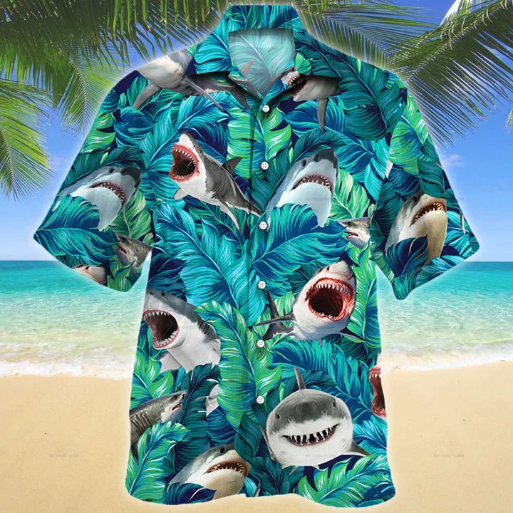 Shark Lovers Gift Trendy Hawaiian Shirt, Shark Aloha Shirt, Summer Short Sleeve Hawaiian Aloha Shirt For Men, Women