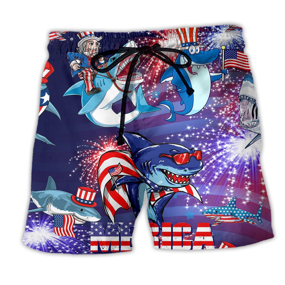 Shark Merica Patriotic Amazing Style Trendy Aloha Hawaiian Beach Shorts