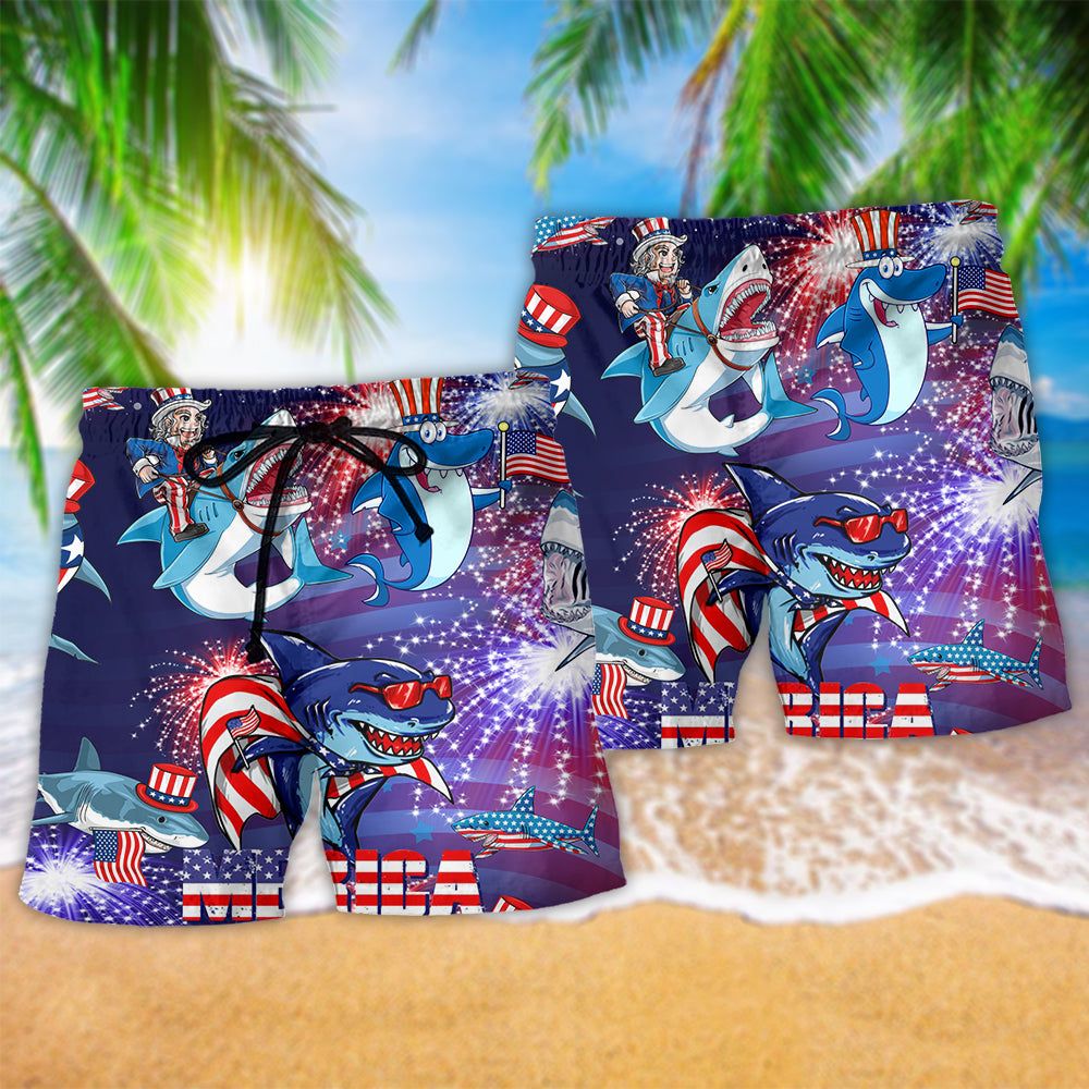 Shark Merica Patriotic Amazing Style Trendy Aloha Hawaiian Beach Shorts