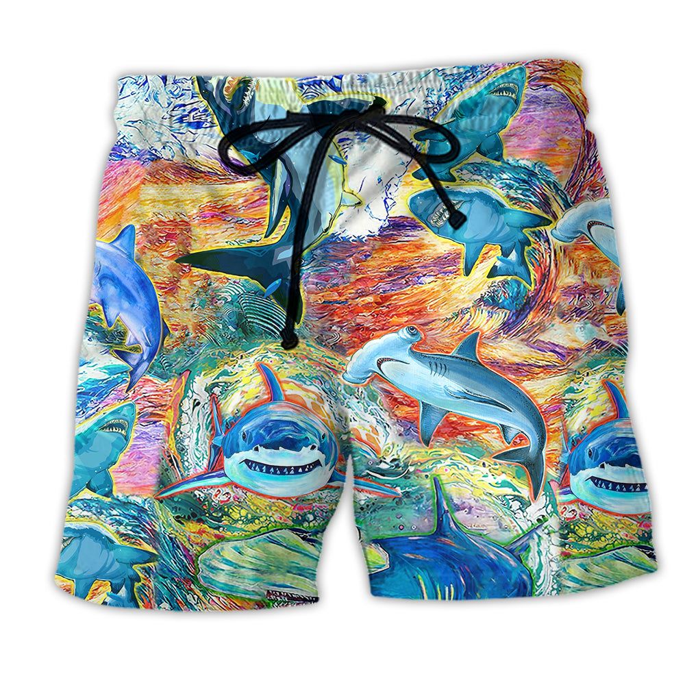 Shark Painting Color Style Trendy Aloha Hawaiian Beach Shorts