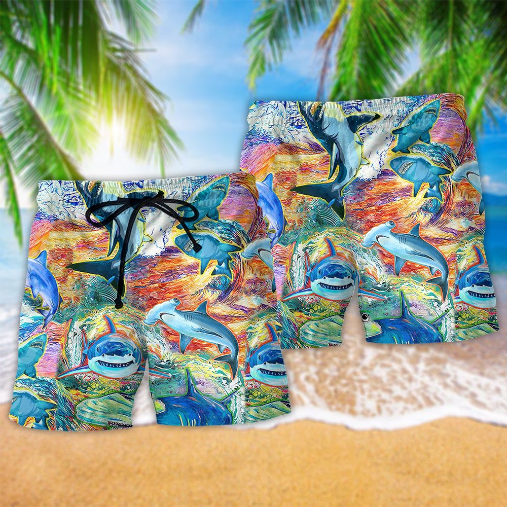 Shark Painting Color Style Trendy Aloha Hawaiian Beach Shorts
