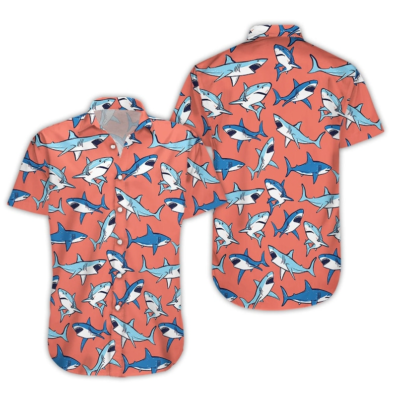 Shark Print Trendy Hawaiian Shirt, Cool Blue Shark Pattern Red Hawaii Shirt