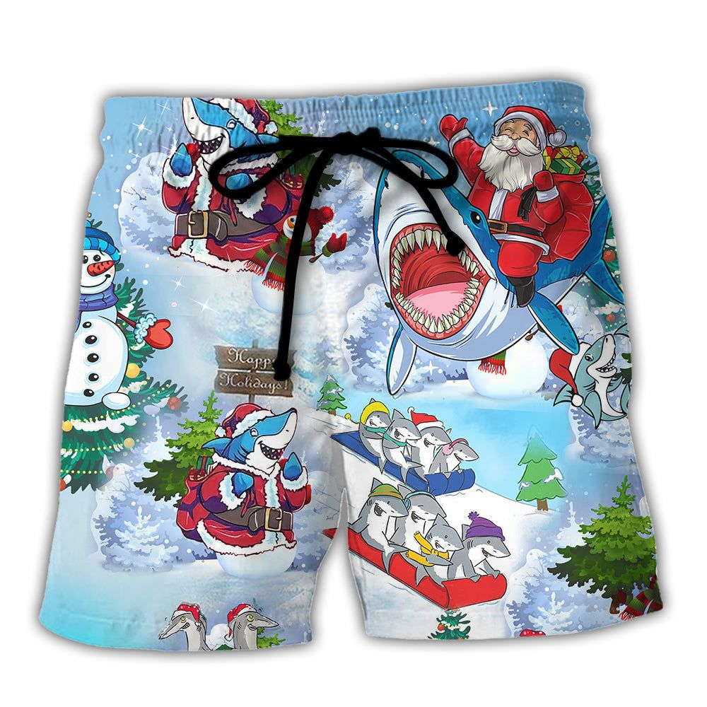 Shark Santa Love Xmas Merry Christmas Trendy Aloha Hawaiian Beach Shorts