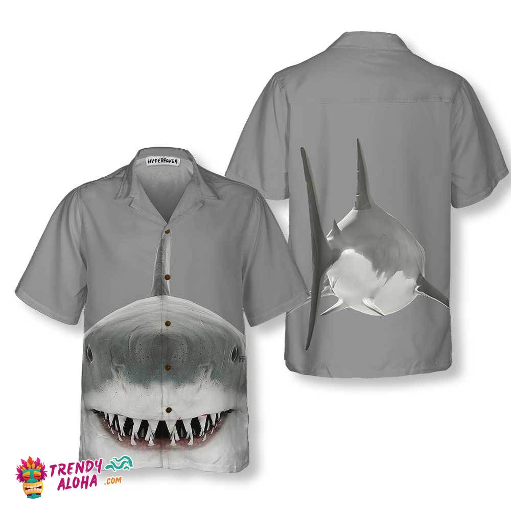 Shark Smile Hawaiian Shirt, Shark Button Up Shirt For Adults, Shark Print Shirt