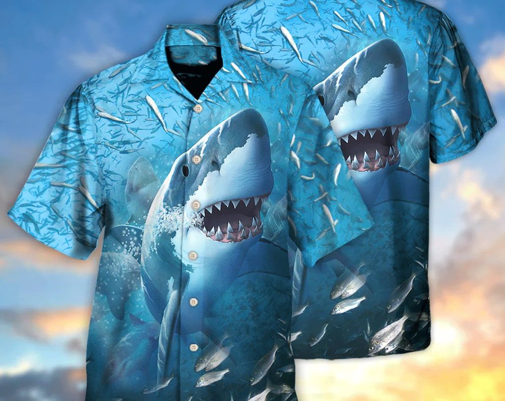 Shark Swims Through Baitfish Shoal – Trendy Hawaiian Shirt, Vintage Trendy Hawaiian Shirt, Gift For Summer, Gifts For Bachelor Party, Hawaiian Set Gift.