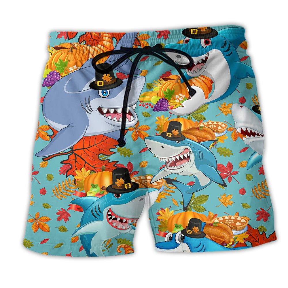 Shark Thanksgiving So Funny Trendy Aloha Hawaiian Beach Shorts