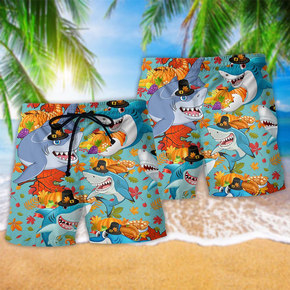 Shark Thanksgiving So Funny Trendy Aloha Hawaiian Beach Shorts