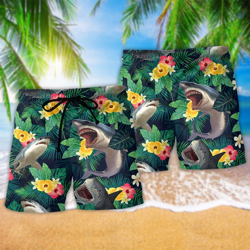 Shark Tropical Leaf Summer Vibes Trendy Aloha Hawaiian Beach Shorts