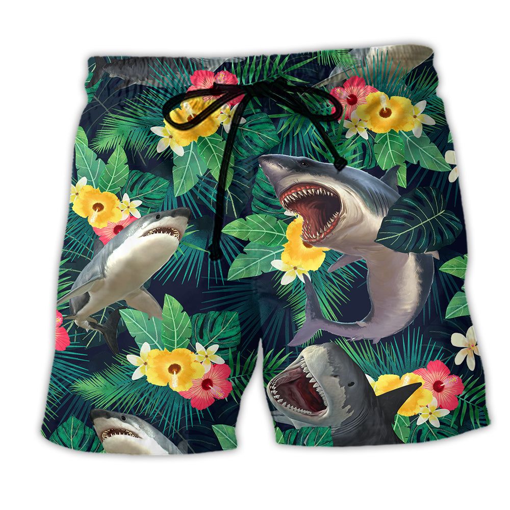 Shark Tropical Leaf Summer Vibes Trendy Aloha Hawaiian Beach Shorts