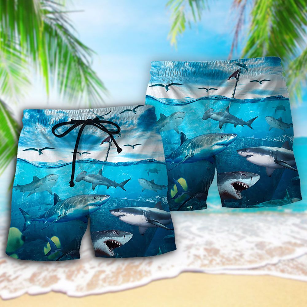 Shark Undersea Darkness Art Trendy Aloha Hawaiian Beach Shorts