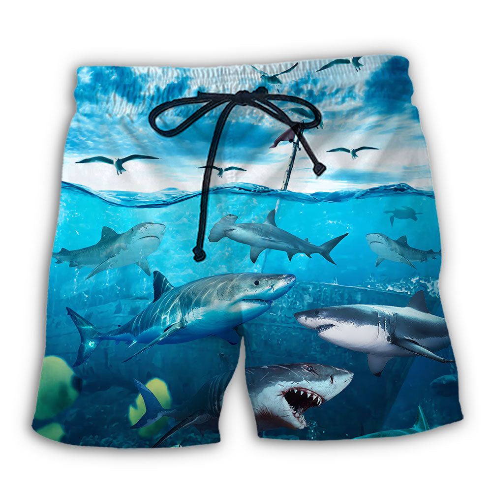 Shark Undersea Darkness Art Trendy Aloha Hawaiian Beach Shorts
