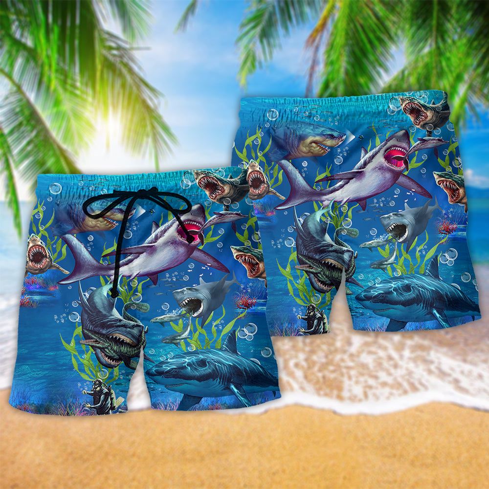 Shark What If Megalodon Was Alive Blue Ocean Trendy Aloha Hawaiian Beach Shorts