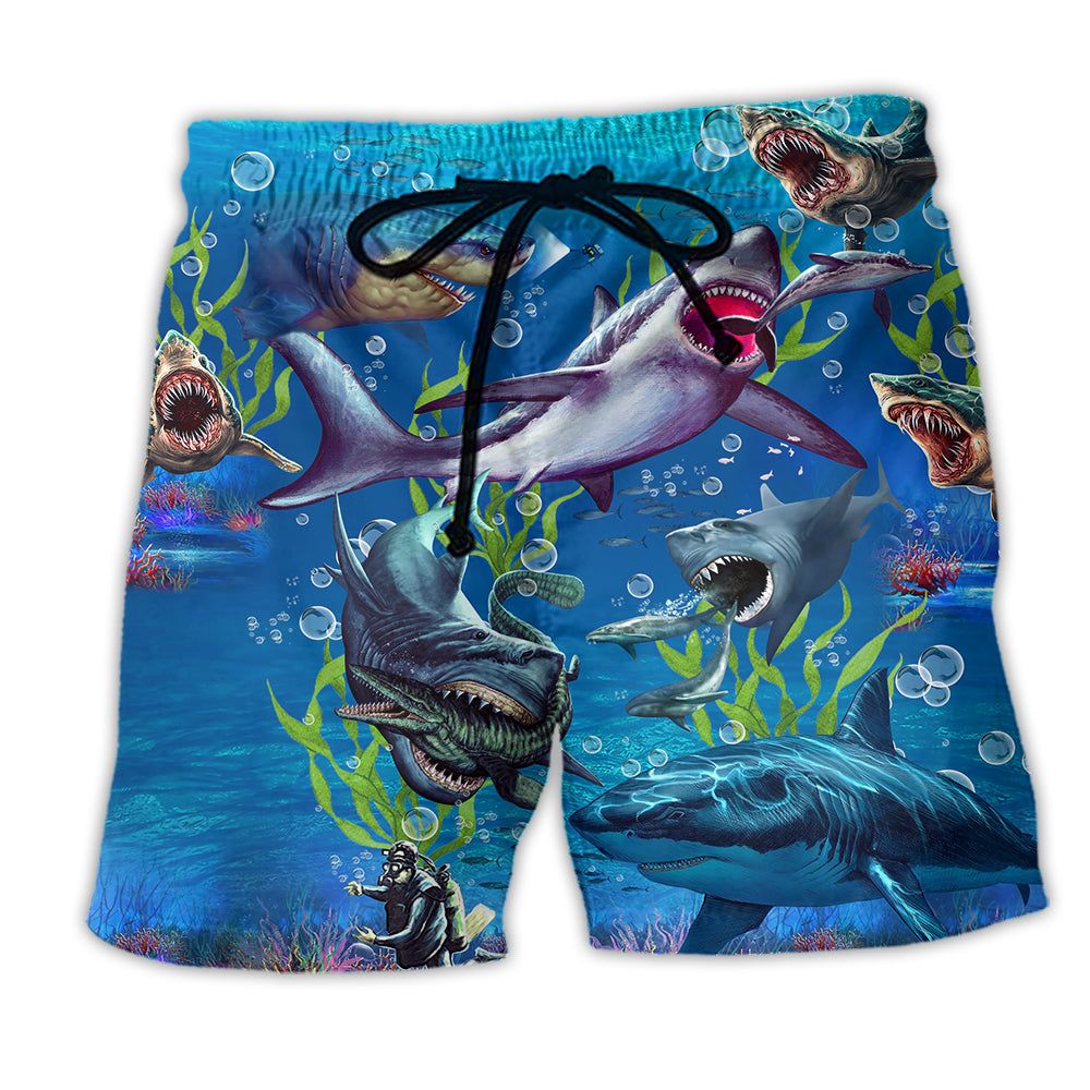 Shark What If Megalodon Was Alive Blue Ocean Trendy Aloha Hawaiian Beach Shorts