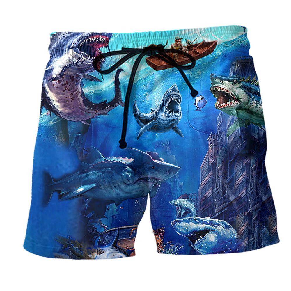 Shark With Small Ship Fishing Trendy Aloha Hawaiian Beach Shorts
