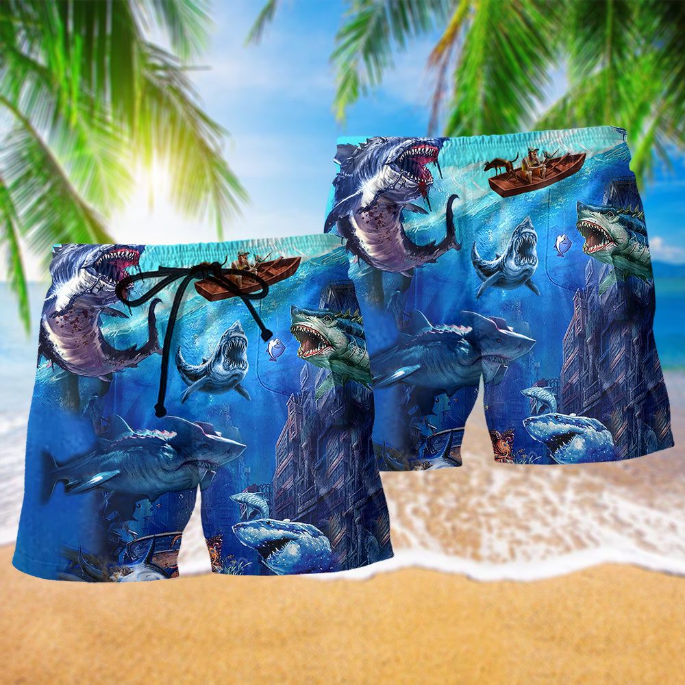 Shark With Small Ship Fishing Trendy Aloha Hawaiian Beach Shorts