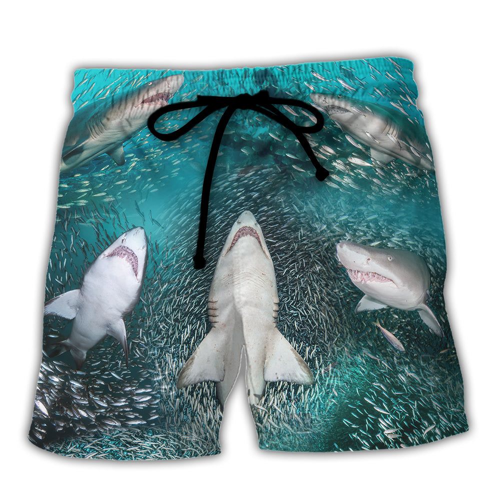 Shark’s Buffet -Thousands Of Sardines Trendy Aloha Hawaiian Beach Shorts