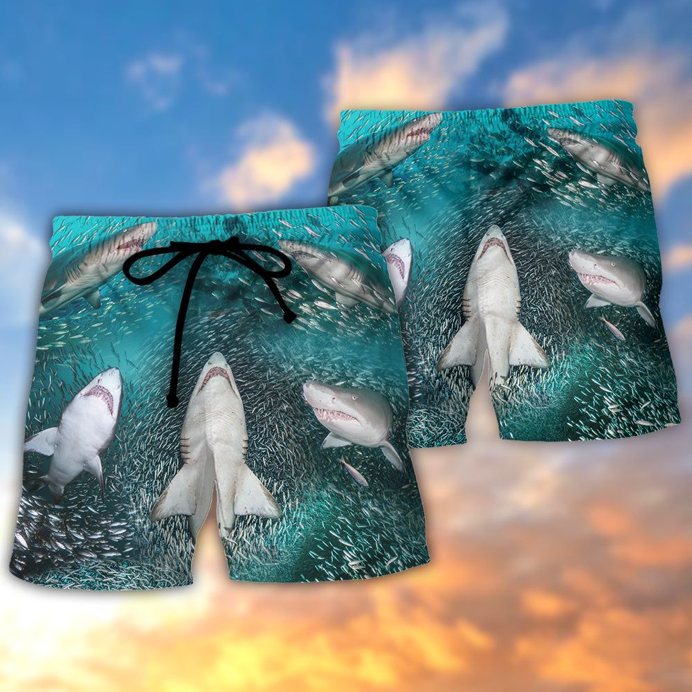 Shark’s Buffet -Thousands Of Sardines Trendy Aloha Hawaiian Beach Shorts