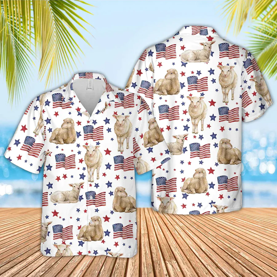 Sheep American Flag Pattern Trendy Hawaiian Shirt, Funny Sheep Trendy Hawaiian Shirt, 4Th Of July Trendy Hawaiian Shirt