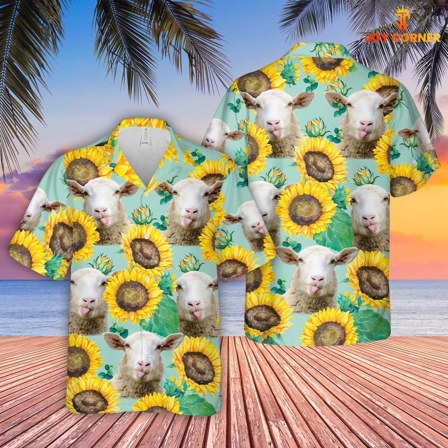 Sheep Amid Sunflowers Farm Scene Hawaiian Shirt 3D Printed
