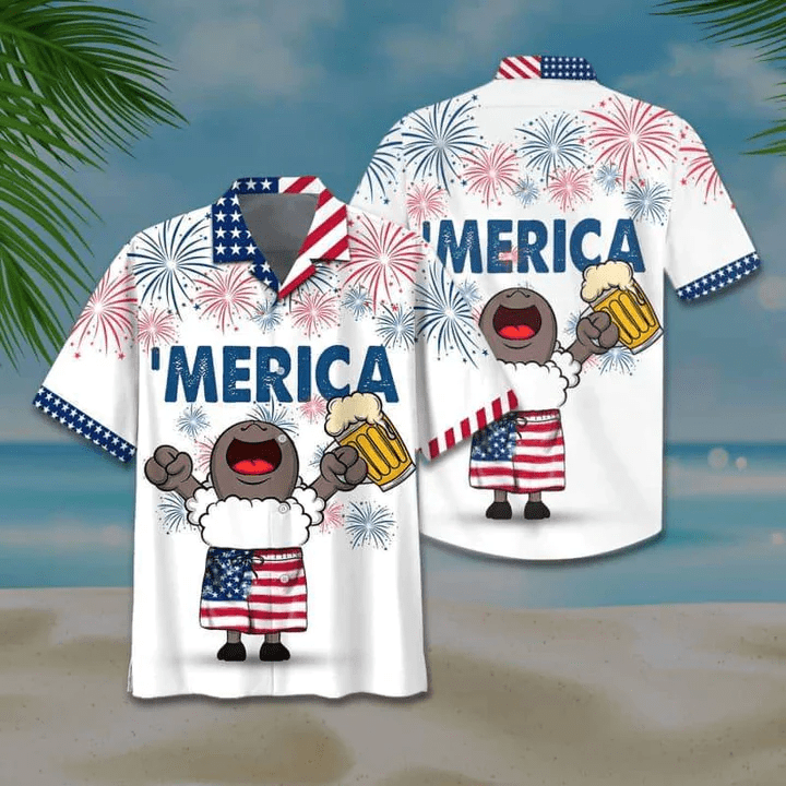 Sheep And Beer Trendy Hawaiian Shirt, 4Th Of July Trendy Hawaiian Shirt, Sheep American Flag Trendy Hawaiian Shirts For Men, Women