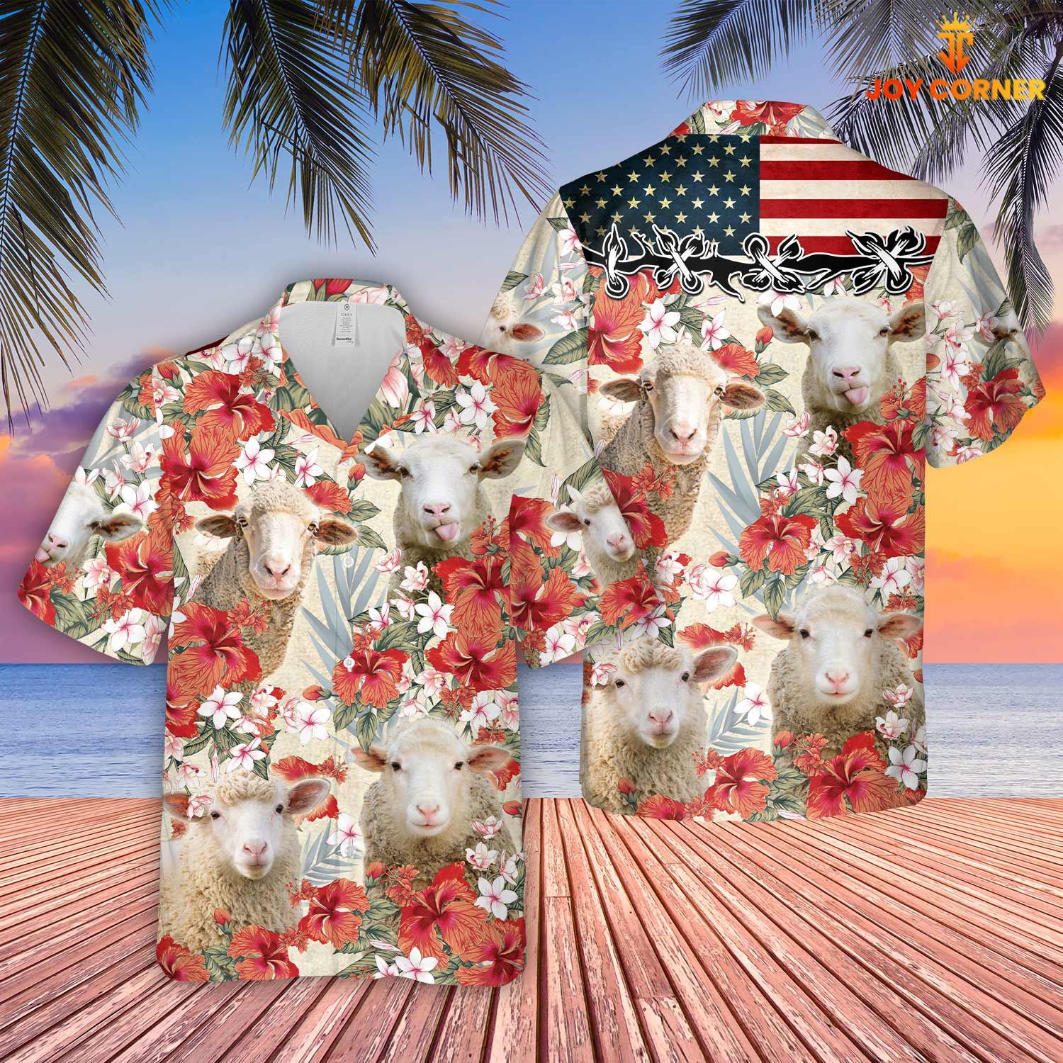 Sheep Gracefully Wearing Us Flag Hibiscus Hawaiian Shirt