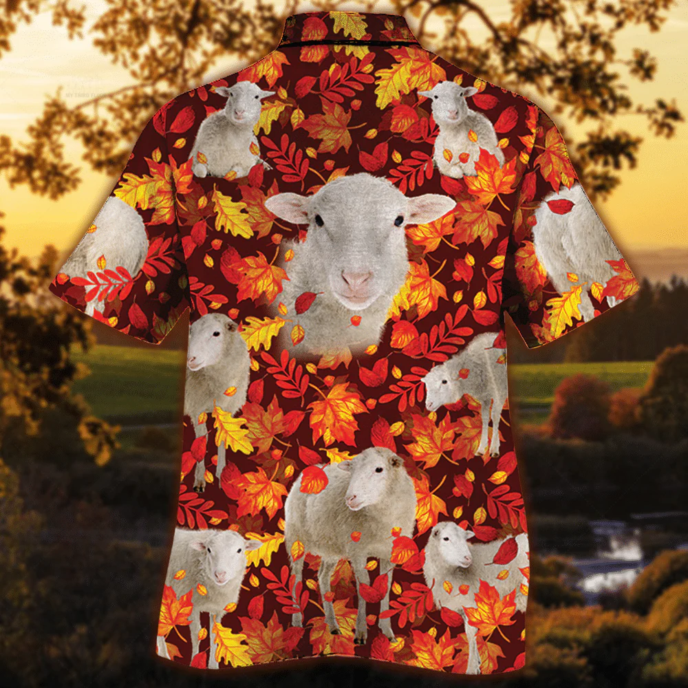 Sheep Lovers Autumn Red Leaves Trendy Hawaiian Shirt, Unisex Print Aloha Short Sleeve Casual Shirt Summer Gifts