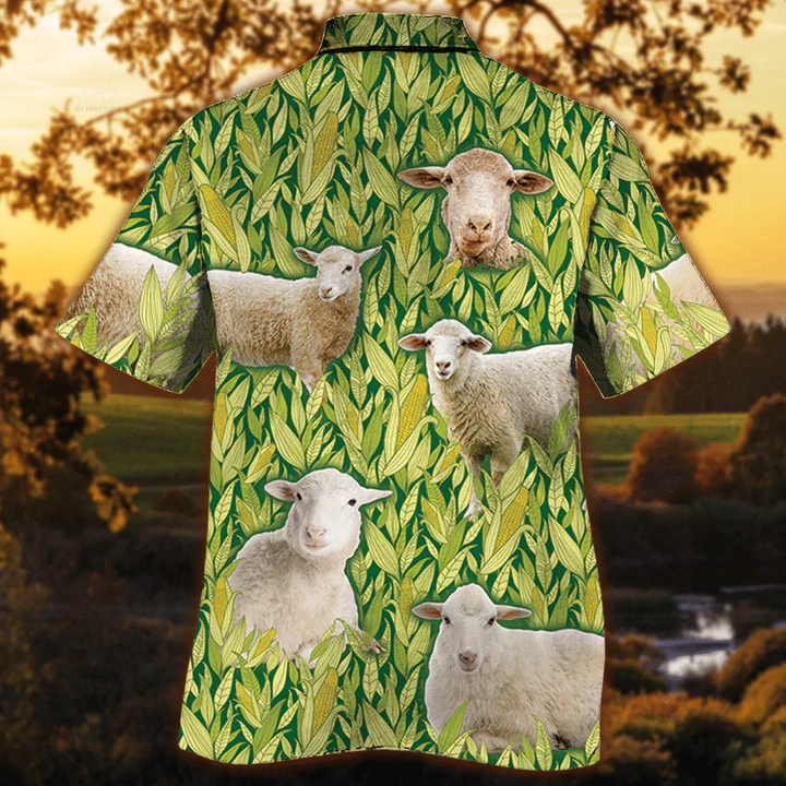 Sheep Lovers Corn Pattern Trendy Hawaiian Shirt, Vintage Farm Trendy Hawaiian Shirts For Men Animals Mens Trendy Hawaiian Shirts