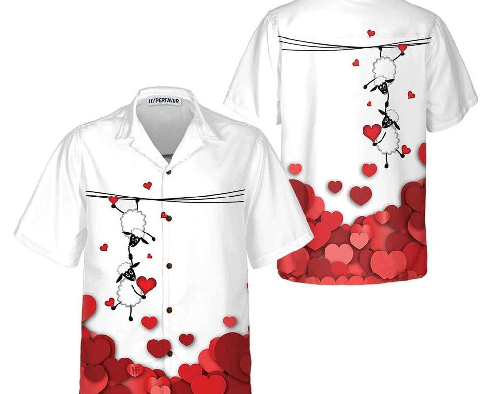 Sheep With Red Hearts Trendy Hawaiian Shirt, Aloha Hawaii Shirt, Hawaii Shirt Party Summer, Beach Party Shirts As Holiday Gifts, Hawaiian Set Gift