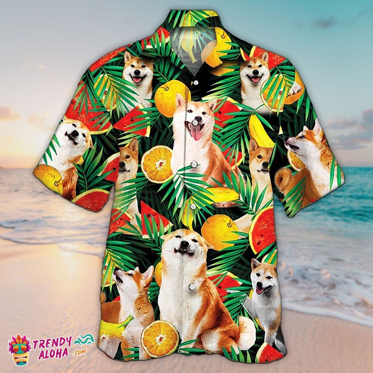 Shiba Inu Dog & Tropical Fruit Unisex Hawaiian Aloha Shirt Short Sleeve