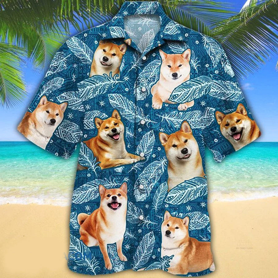 Shiba Inu Dog Lovers Blue Feather Hawaii Trendy Hawaiian Shirt