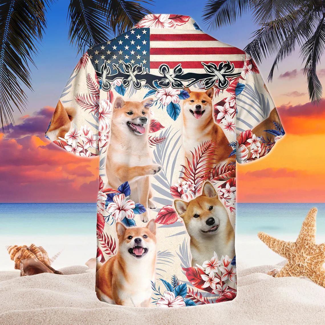 Shiba Inu Dog United States Flag Hawaiian Flowers All Over Printed 3D Hawaiian Shirt