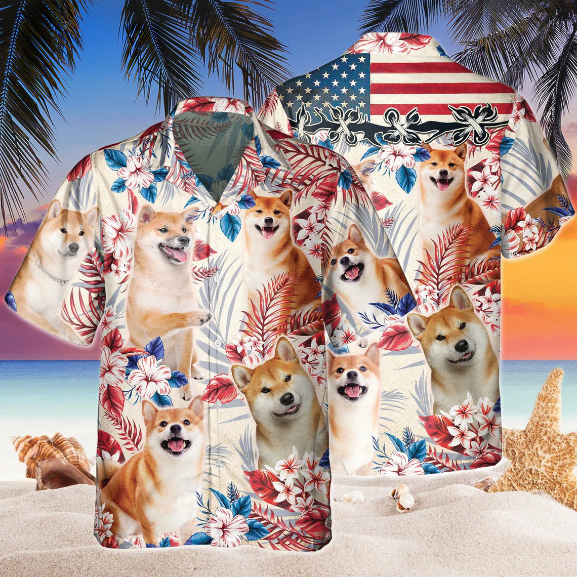 Shiba Inu Dog United States Flag Hawaiian Flowers All Over Printed 3D Hawaiian Shirt