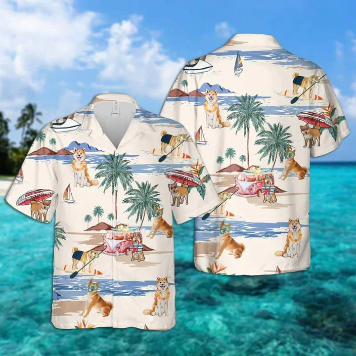Shiba Inu Summer Beach Trendy Hawaiian Shirt, Trendy Hawaiian Shirts For Men Short Sleeve Aloha Beach Shirt