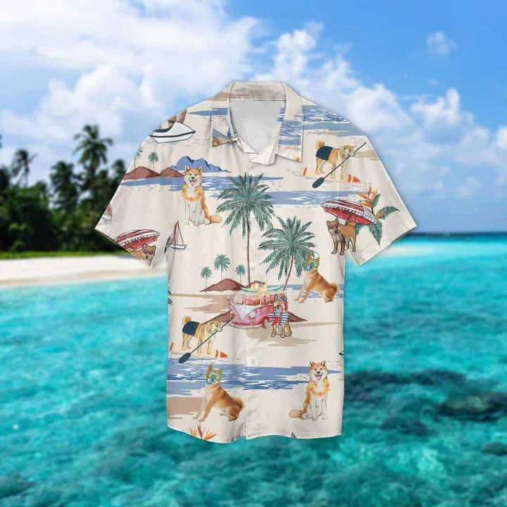 Shiba Inu Summer Beach Trendy Hawaiian Shirt, Trendy Hawaiian Shirts For Men Short Sleeve Aloha Beach Shirt