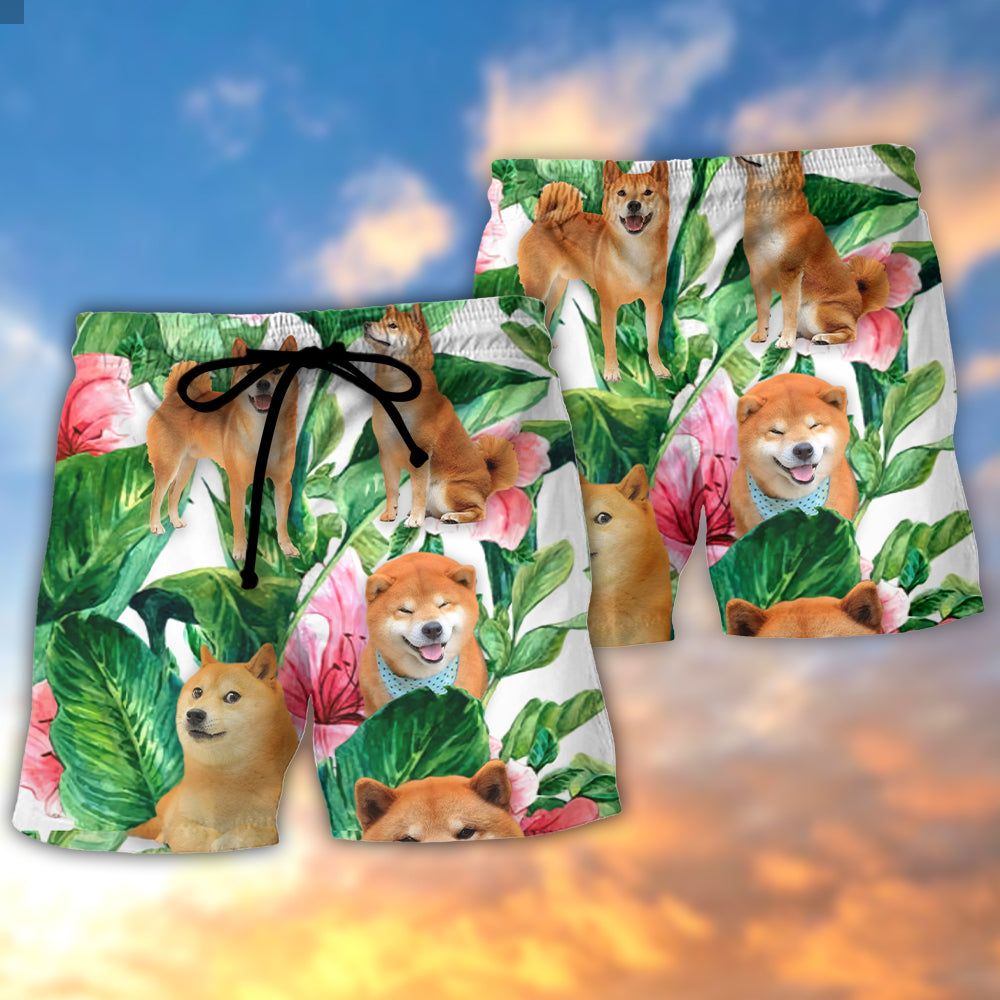 Shiba Inu Tropical Leaf Floral Style Trendy Aloha Hawaiian Beach Shorts
