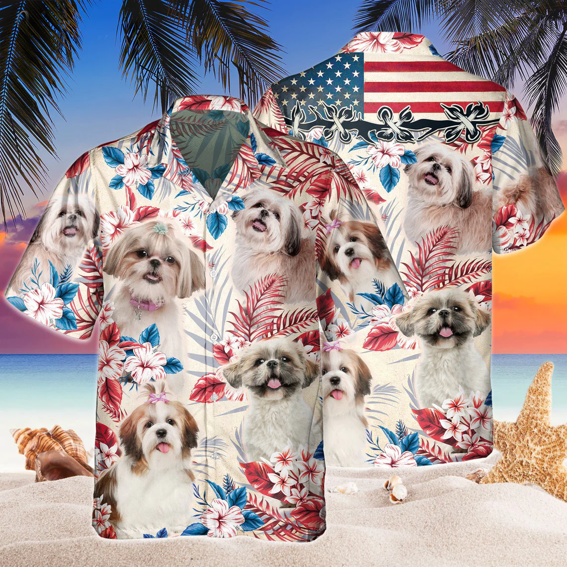 Shih Tzu Dog United States Flag Hawaiian Flowers All Over Printed 3D Hawaiian Shirt Shih Tzu Dog United States Flag Hawaiian Flowers All Over Printed 3D Hawaiian Shirt