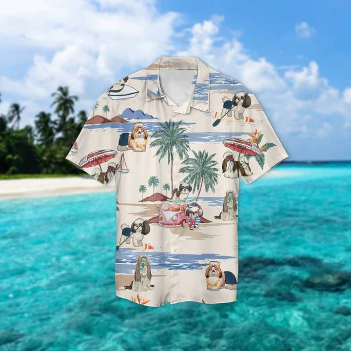 Shih Tzu Summer Beach Trendy Hawaiian Shirt, Trendy Hawaiian Shirts For Men Short Sleeve Aloha Beach Shirt