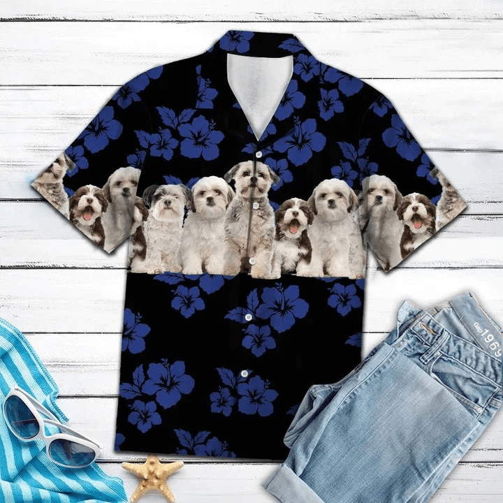 Shih Tzu Trendy Hawaiian Shirt, Dog Trendy Hawaiian Shirt, Tropical Hibiscus On Black Pattern Trendy Hawaiian Shirt Shih Tzu Trendy Hawaiian Shirt, Dog Trendy Hawaiian Shirt, Tropical Hibiscus On Black Pattern Trendy Hawaiian Shirt