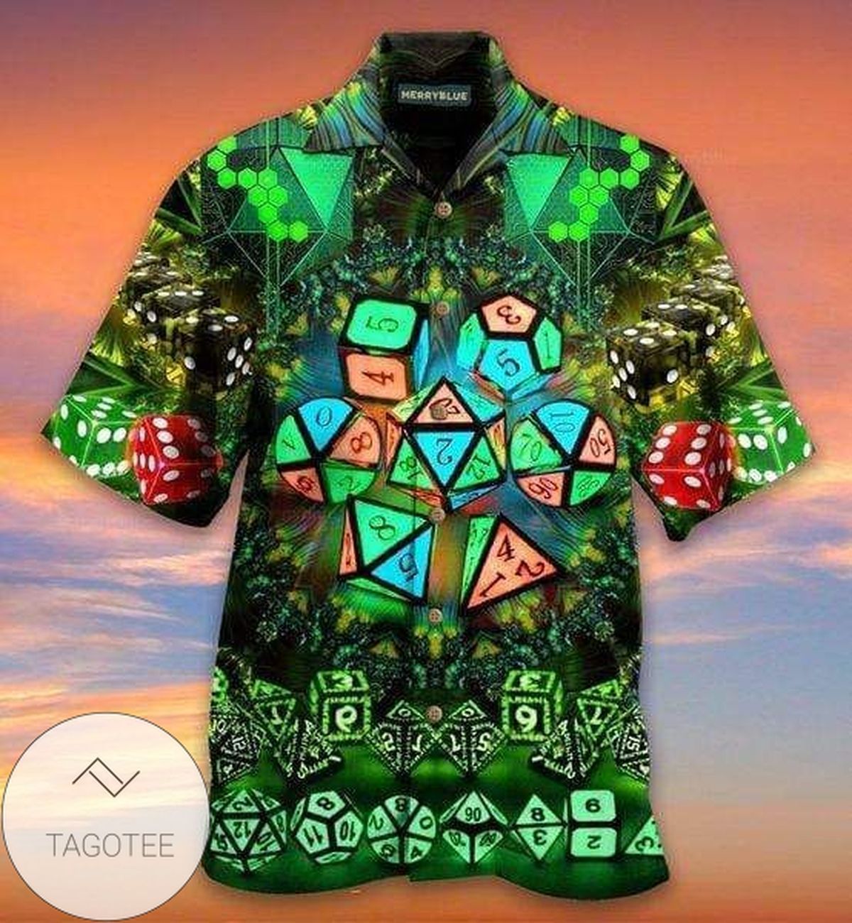 Shop Amazing Glowing Kaleidoscope Dice Green Unisex Hawaiian Shirts