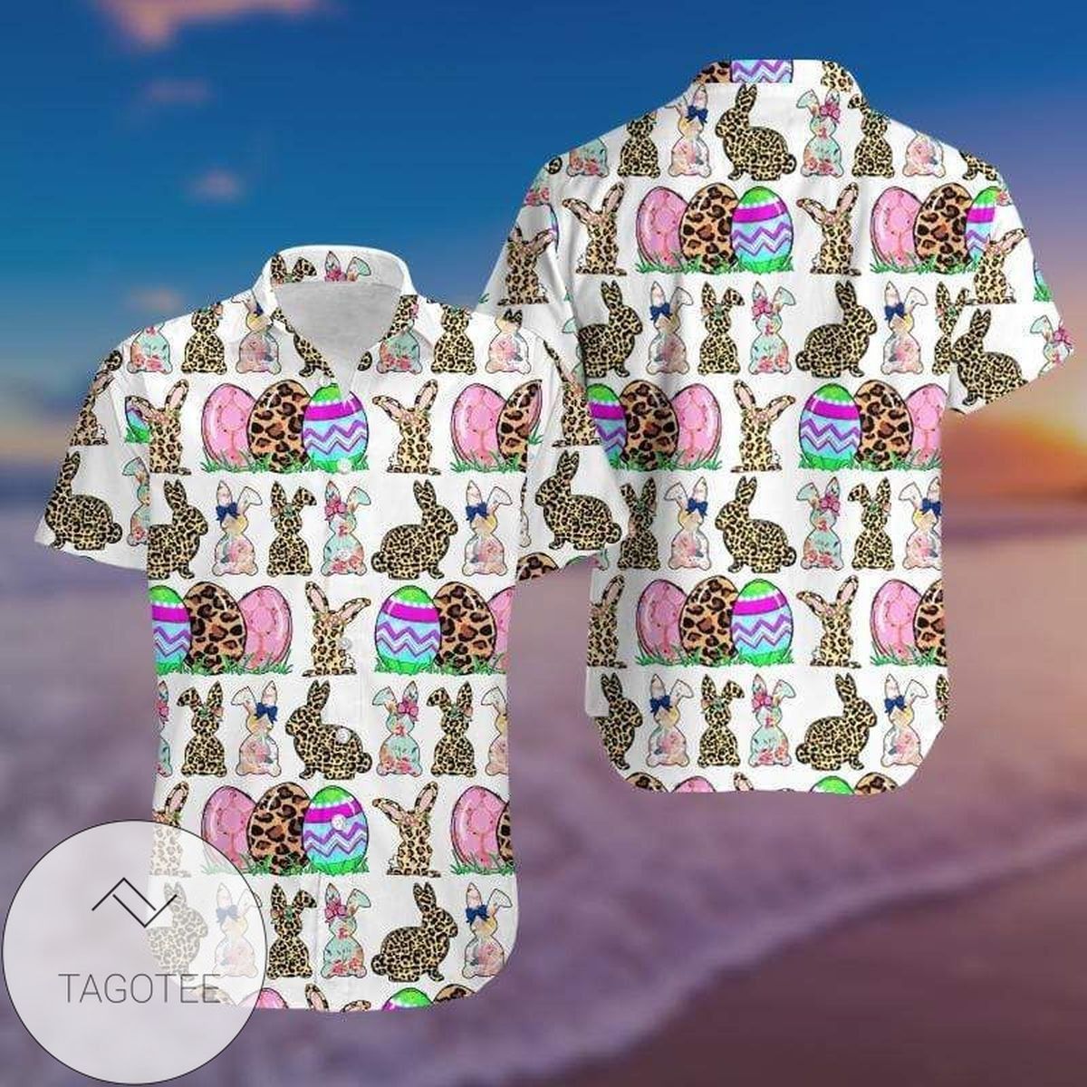 Shop Copy Of Bunny Leopard Eggs White Happy Easter Day Hawaiian Shirts