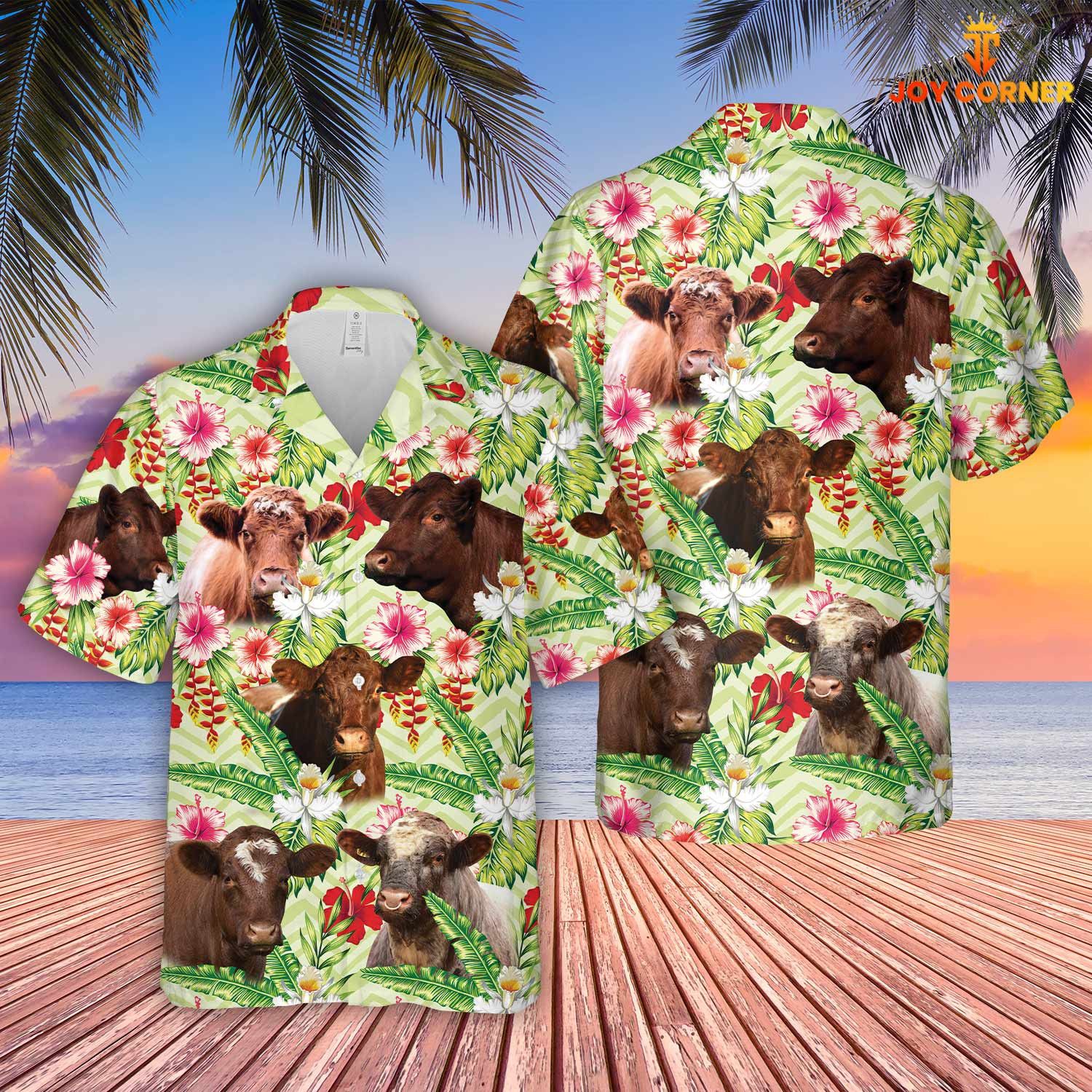 Shorthorn Breed Hawaiian Shirt Showcasing Hibicus Florals In 3D Print Detail