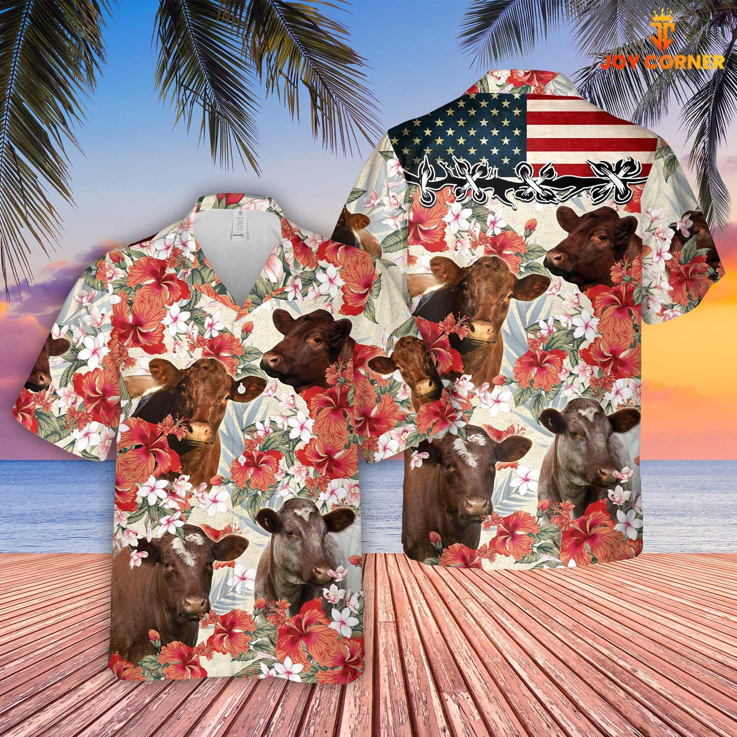 Shorthorn Cattle Adorned Us Flag Hibiscus Hawaiian Shirt