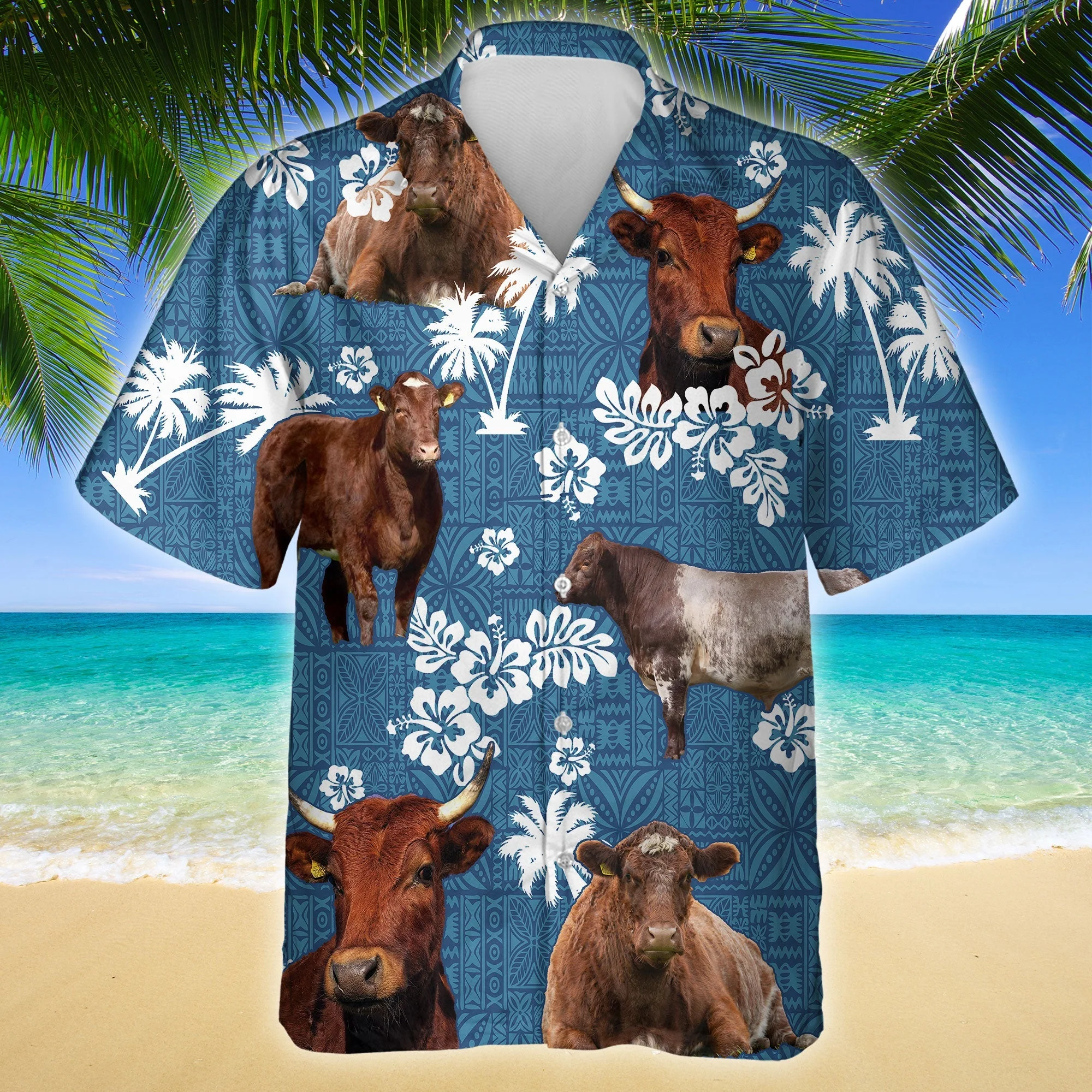 Shorthorn Cattle Blue Tribal Pattern Trendy Hawaiian Shirt, Cow Trendy Hawaiian Shirt For Summer Gifts