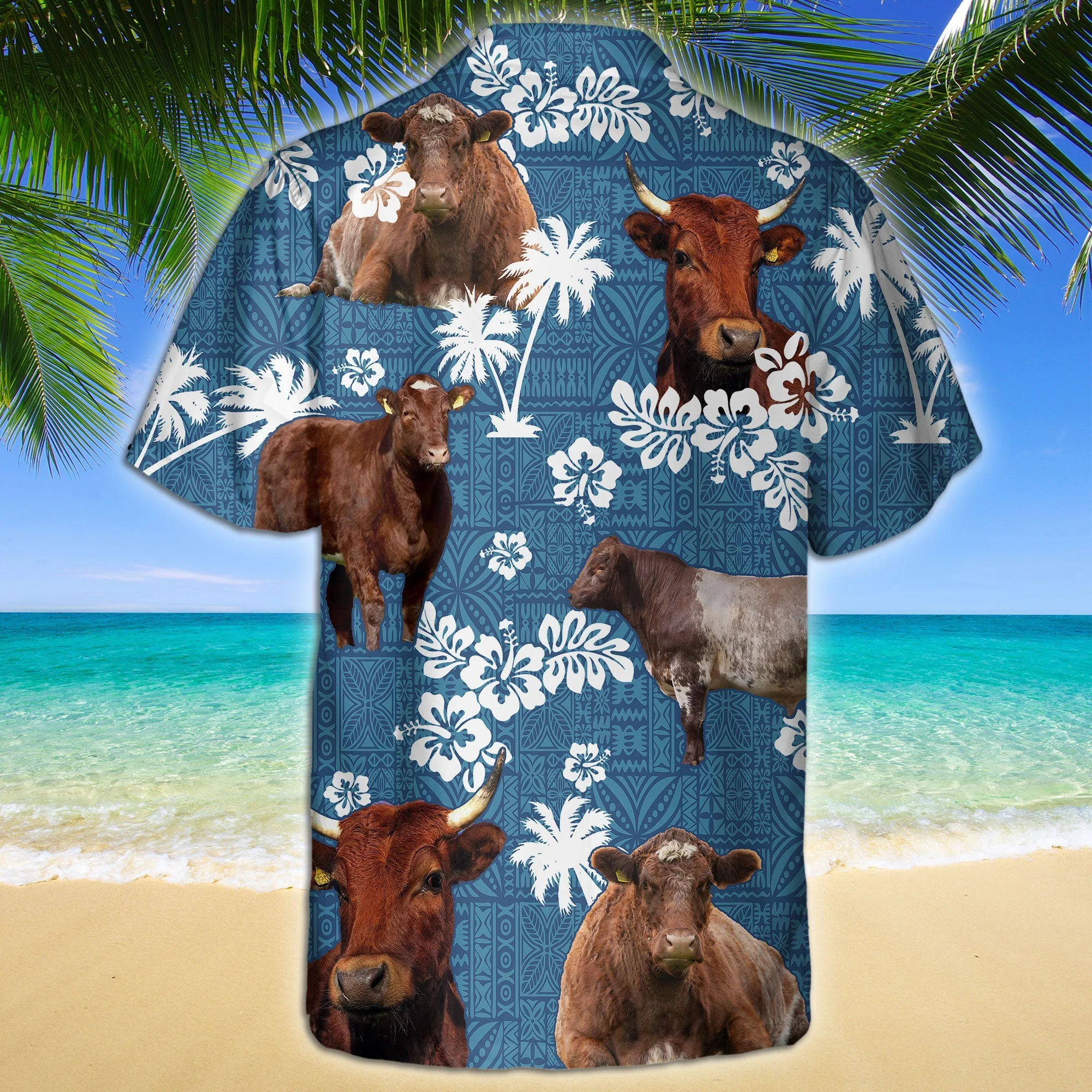 Shorthorn Cattle Blue Tribal Pattern Trendy Hawaiian Shirt, Cow Trendy Hawaiian Shirt For Summer Gifts