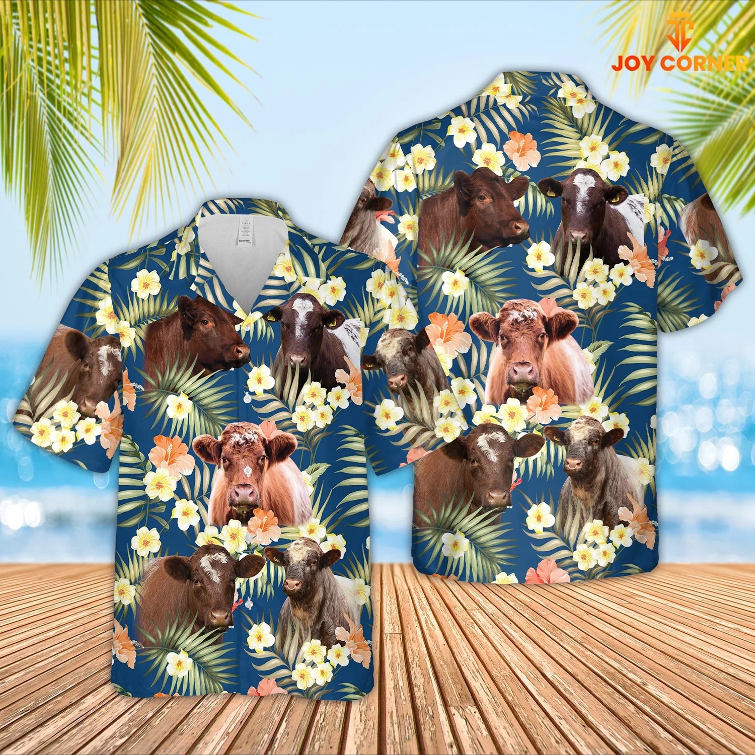 Shorthorn Cattle In Summertime Blue Floral 3D Hawaiian Shirt