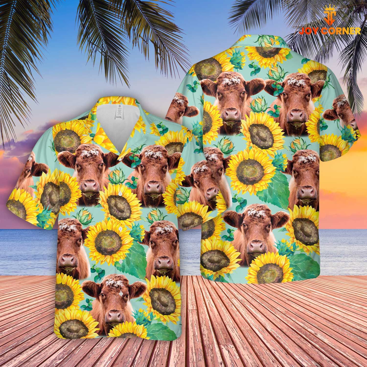 Shorthorn Hawaiian Shirt With Sunflower Farm Scene 3D Print Top Quality