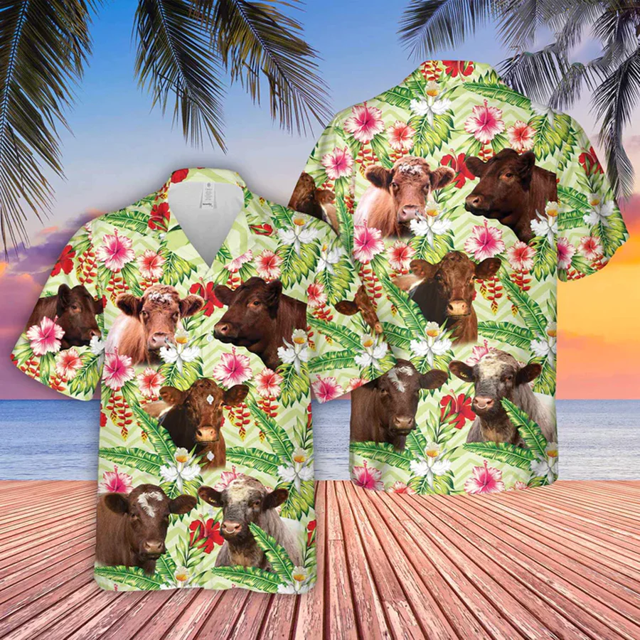 Shorthorn Hibicus Floral 3D Trendy Hawaiian Shirt, Farm Lover Hawaii Shirt, Hawaiian Casual Button Down Shirt